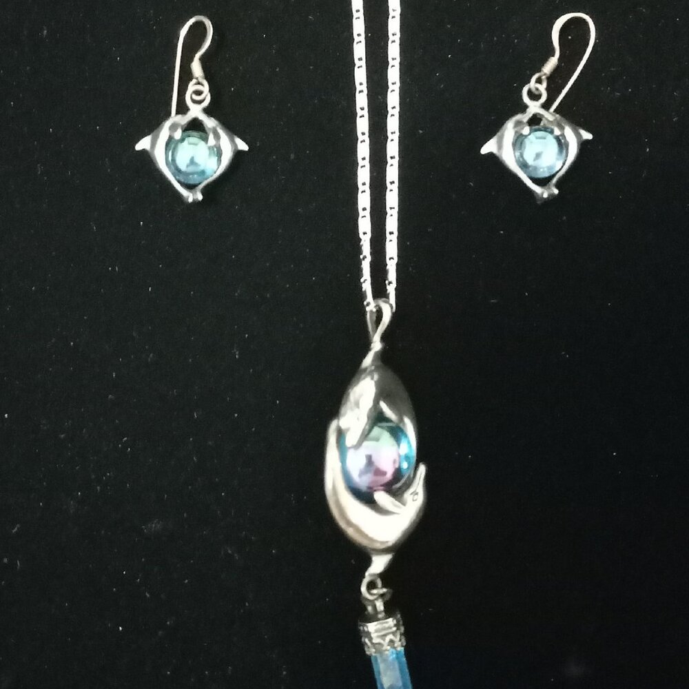 Vintage Aqua Aura Quartz Crystal Necklace and Earrings Set 22" Chain